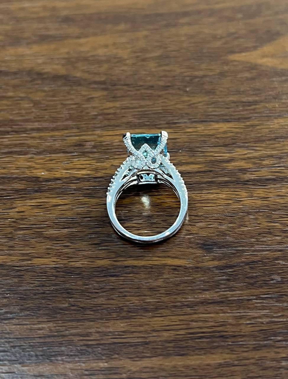 Octagon Shape Blue Aquamarine Diamond Pave 14K White Gold Cocktail Ring For Sale 3