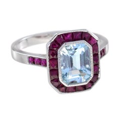 Octagon Shape Blue Aquamarine & Ruby Halo Set Art Deco Style 14K White Gold Ring