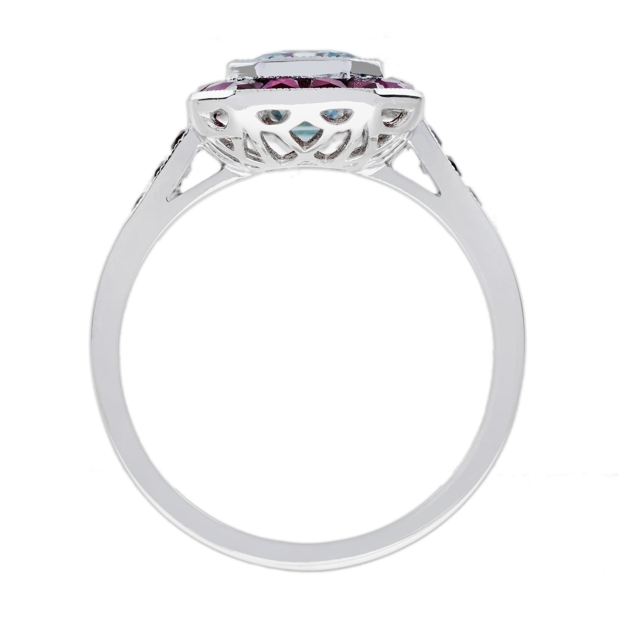 Bague de forme octogonale en or blanc 14K sertie d'aigue-marine bleue et de rubis de style Art déco Pour femmes en vente