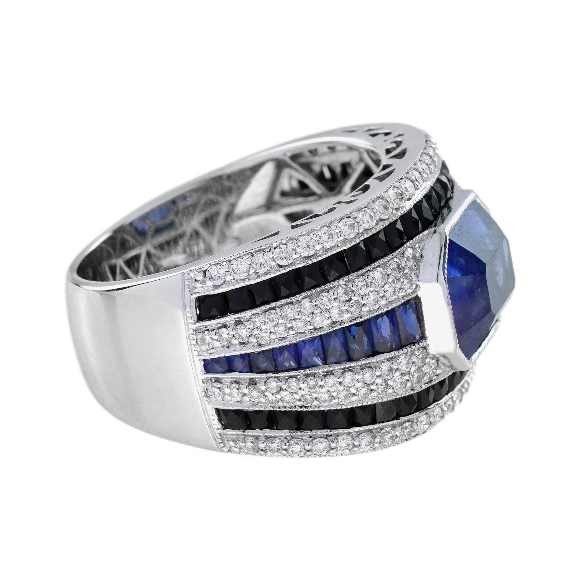 Art Déco Anello da uomo a forma di ottagono con zaffiro blu e diamante di onice nero in stile Art Deco in vendita