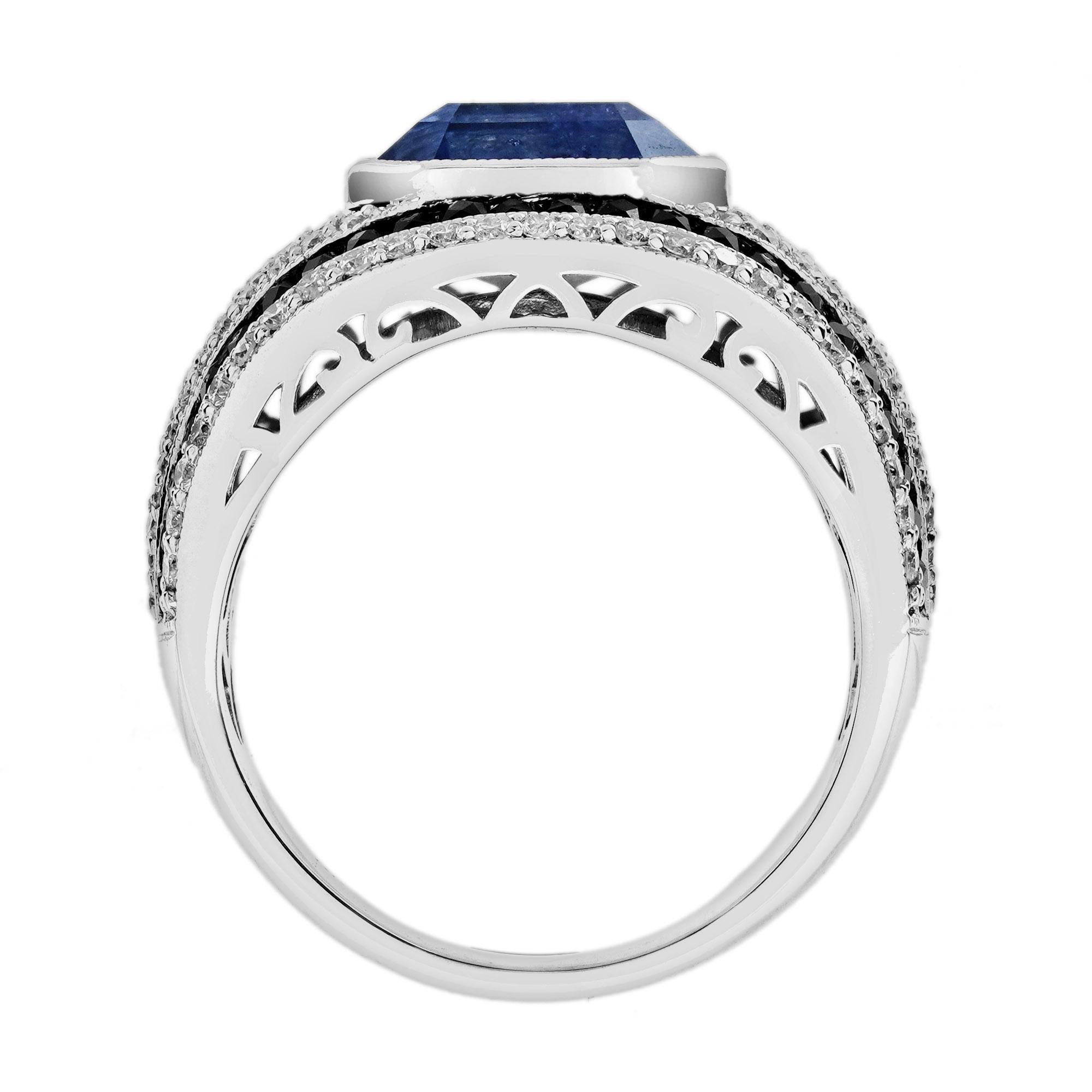 Taglio smeraldo Anello da uomo a forma di ottagono con zaffiro blu e diamante di onice nero in stile Art Deco in vendita