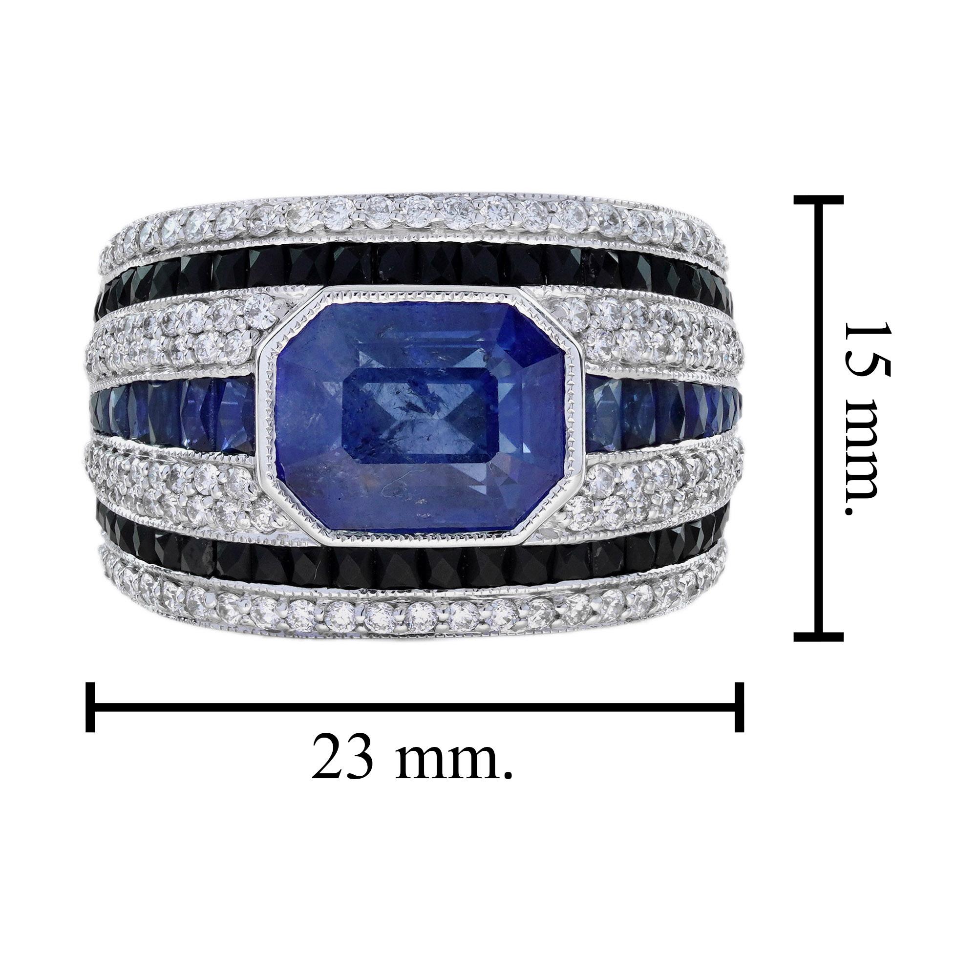 Uomo Anello da uomo a forma di ottagono con zaffiro blu e diamante di onice nero in stile Art Deco in vendita