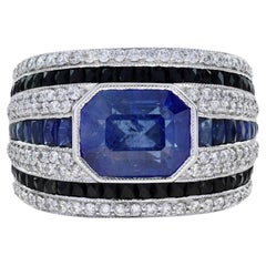 Anillo de zafiro azul octogonal y diamante ónice negro estilo Art Decó para hombre