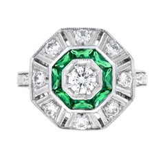 Octagon Shape Diamond & Green Emerald Art Deco Style 14K White Gold Ring