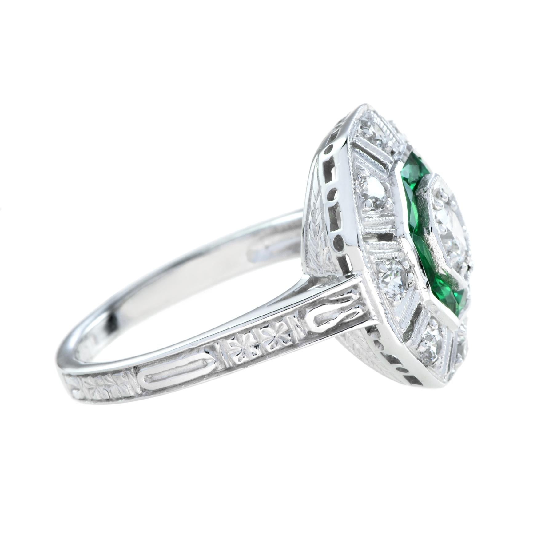 Achteckiger Diamant & grüner Smaragd Art Deco Stil 14K Weißgold Ring (Art déco) im Angebot