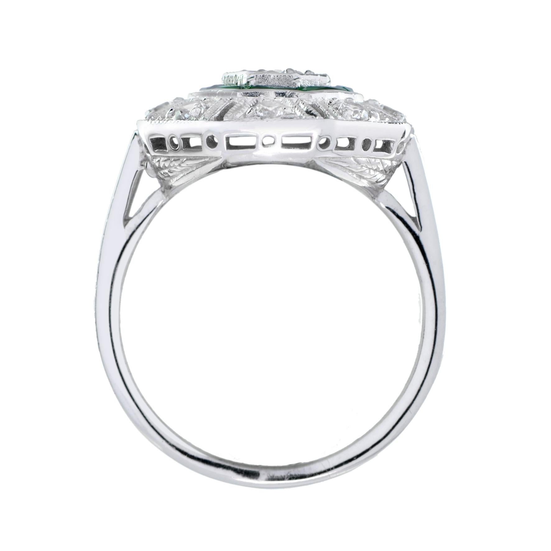 Achteckiger Diamant & grüner Smaragd Art Deco Stil 14K Weißgold Ring (Rundschliff) im Angebot