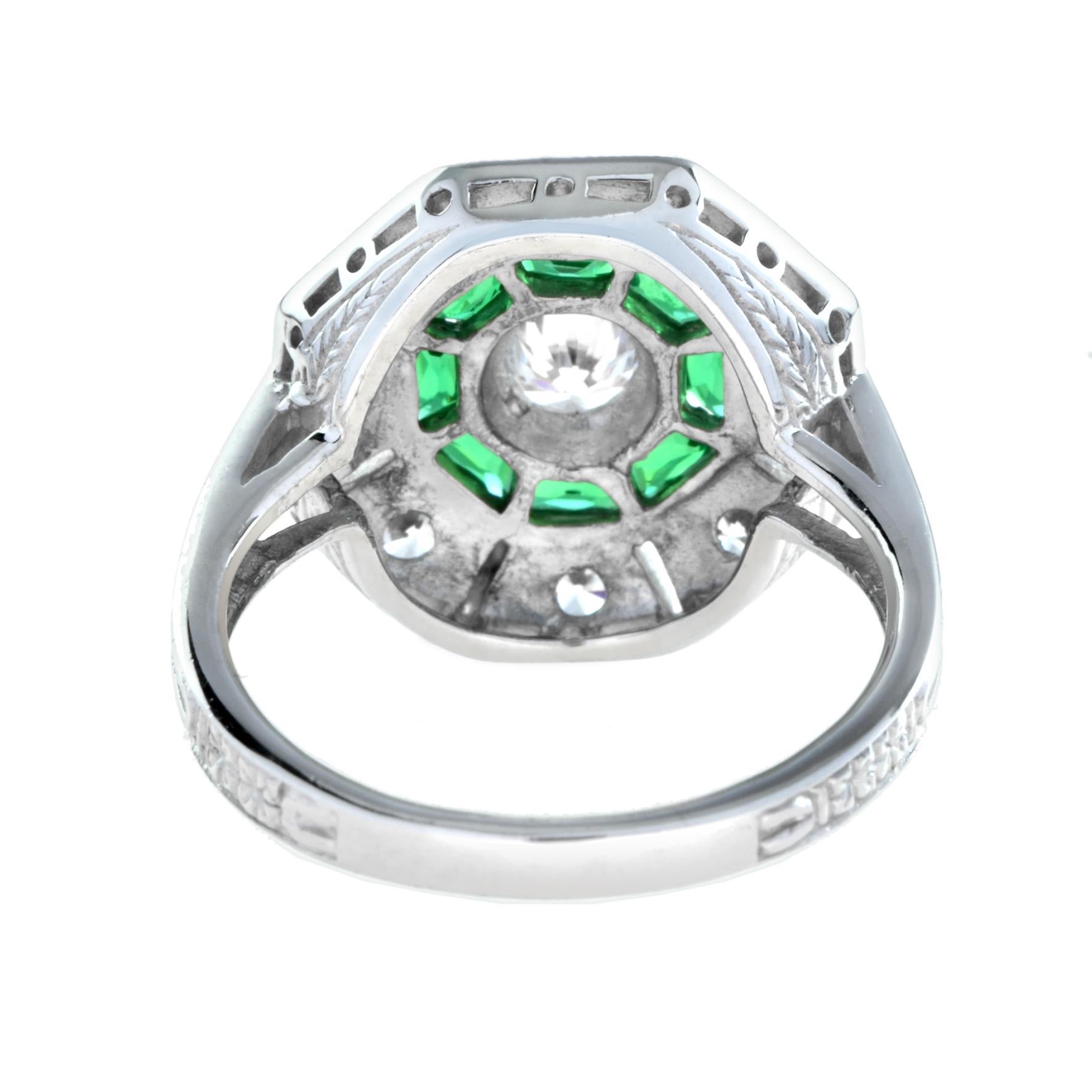 Achteckiger Diamant & grüner Smaragd Art Deco Stil 14K Weißgold Ring im Zustand „Neu“ im Angebot in Oakton, VA