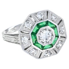 Octagon Shape Diamond & Green Emerald Art Deco Style 14K White Gold Ring
