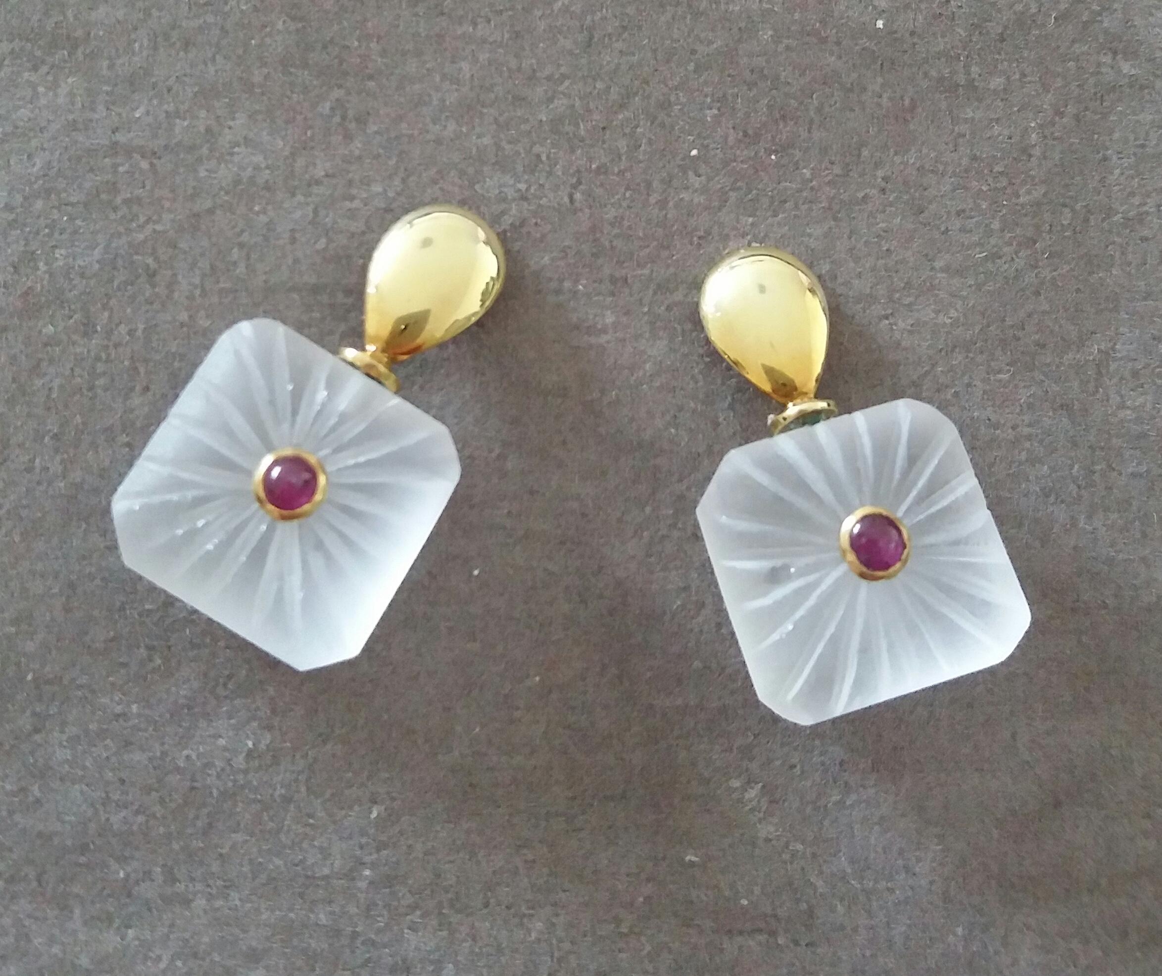 Clous d'oreilles en or 14 carats avec cristaux de roche gravés de forme octogonale et cabas en rubis rond Pour femmes en vente