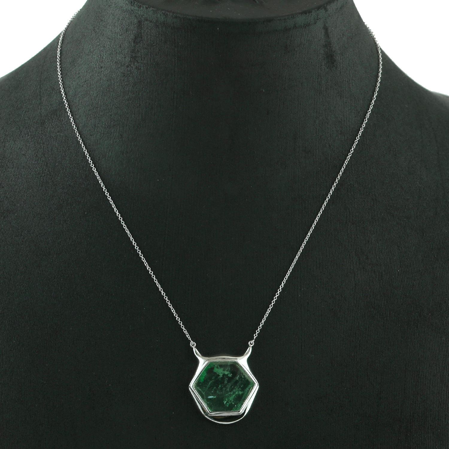 Modern Octagon Shape Muzo Emerald Necklace Set in White 18k Gold For Sale