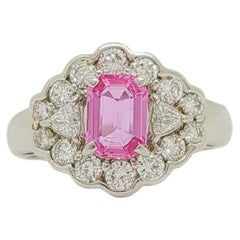 Octagon Shape Pink Sapphire with Round & Trillion Diamond Ring in Platinum
