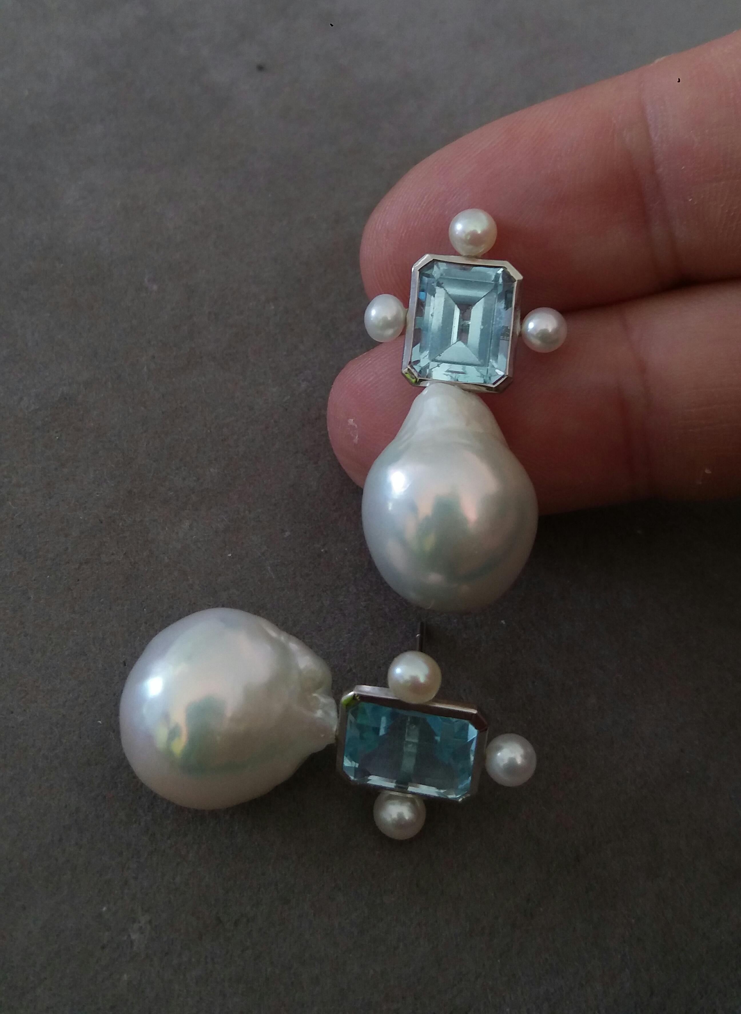 Octagon Shape Sky Blue Topaz White Gold Pear Shape Baroque Pearls Stud Earrings 3