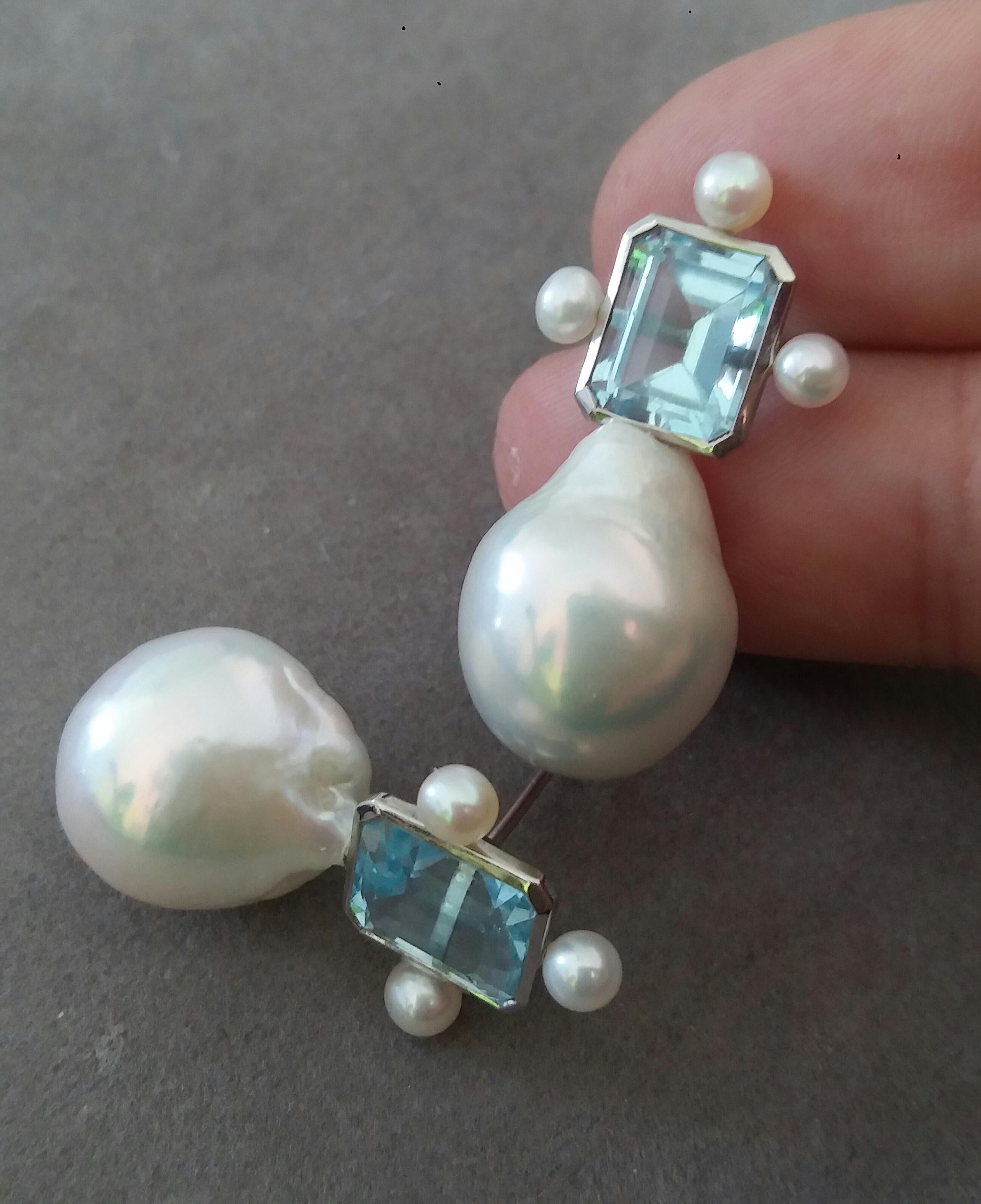 Octagon Shape Sky Blue Topaz White Gold Pear Shape Baroque Pearls Stud Earrings For Sale 5