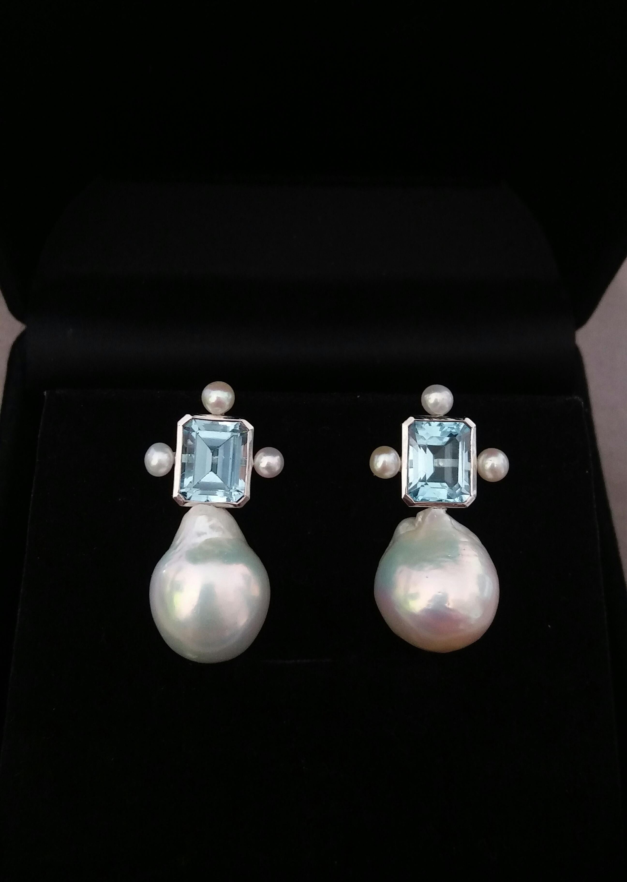 Octagon Shape Sky Blue Topaz White Gold Pear Shape Baroque Pearls Stud Earrings 5