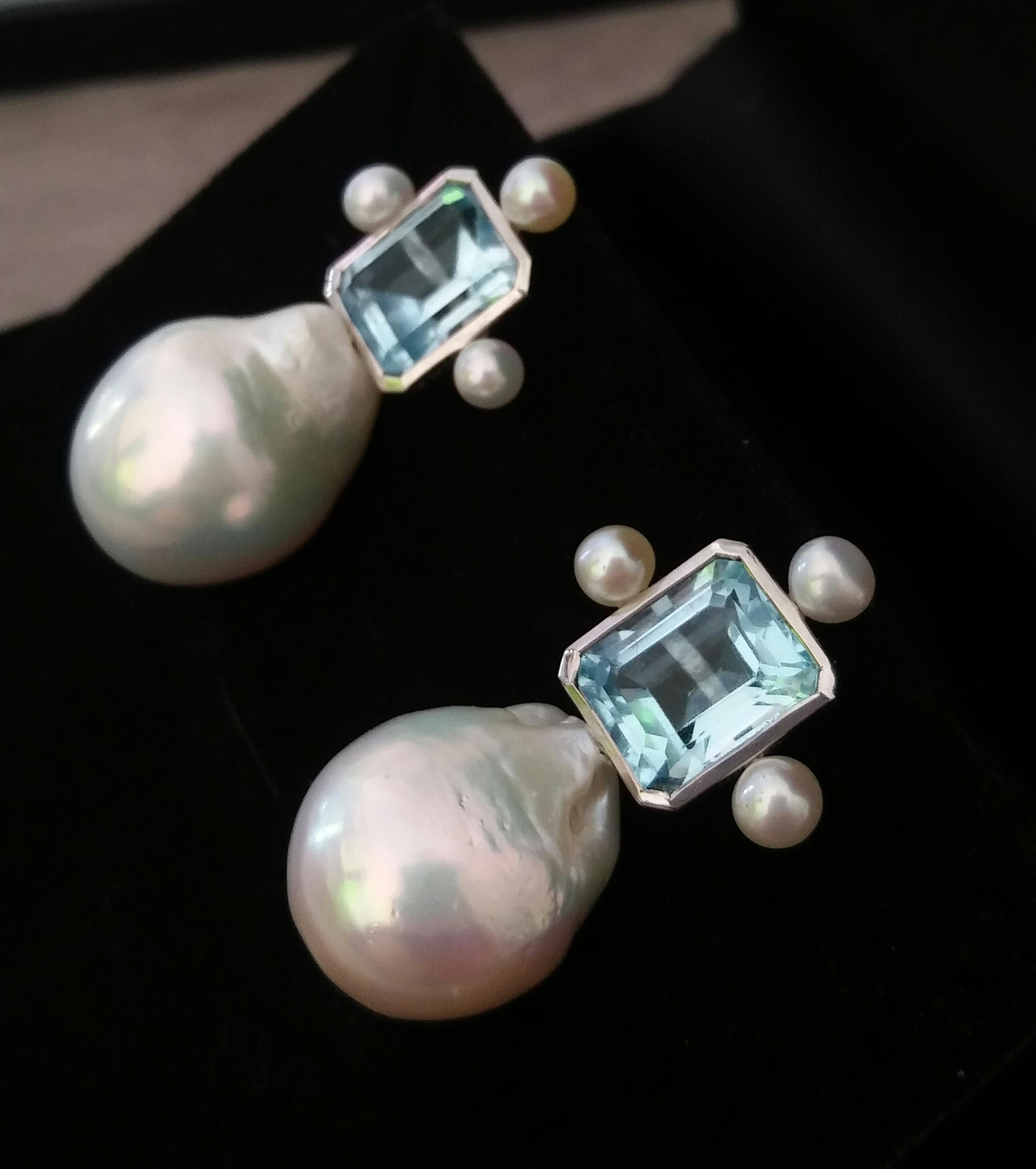 Octagon Shape Sky Blue Topaz White Gold Pear Shape Baroque Pearls Stud Earrings 6