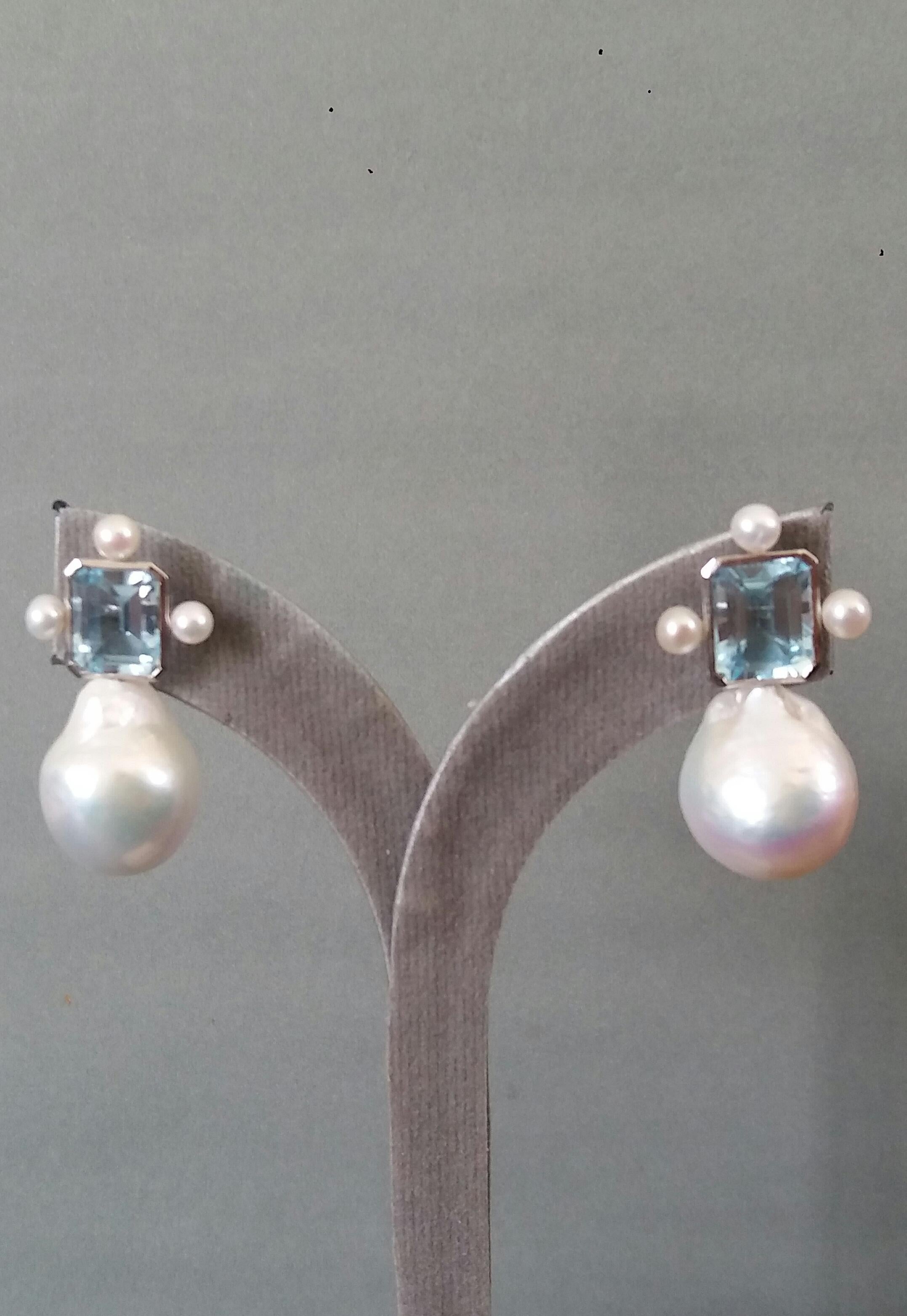 Octagon Shape Sky Blue Topaz White Gold Pear Shape Baroque Pearls Stud Earrings 7