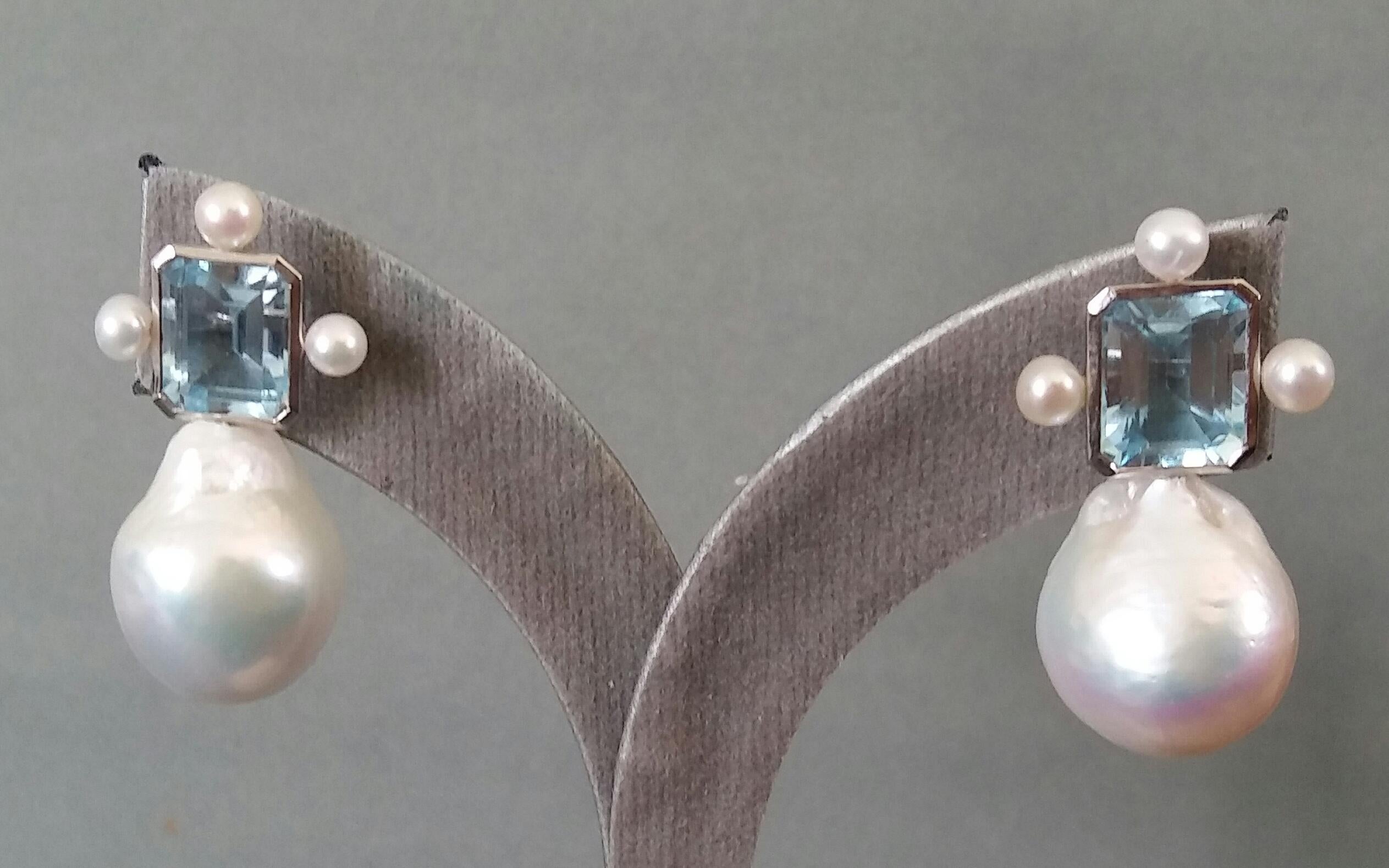 Octagon Shape Sky Blue Topaz White Gold Pear Shape Baroque Pearls Stud Earrings 8