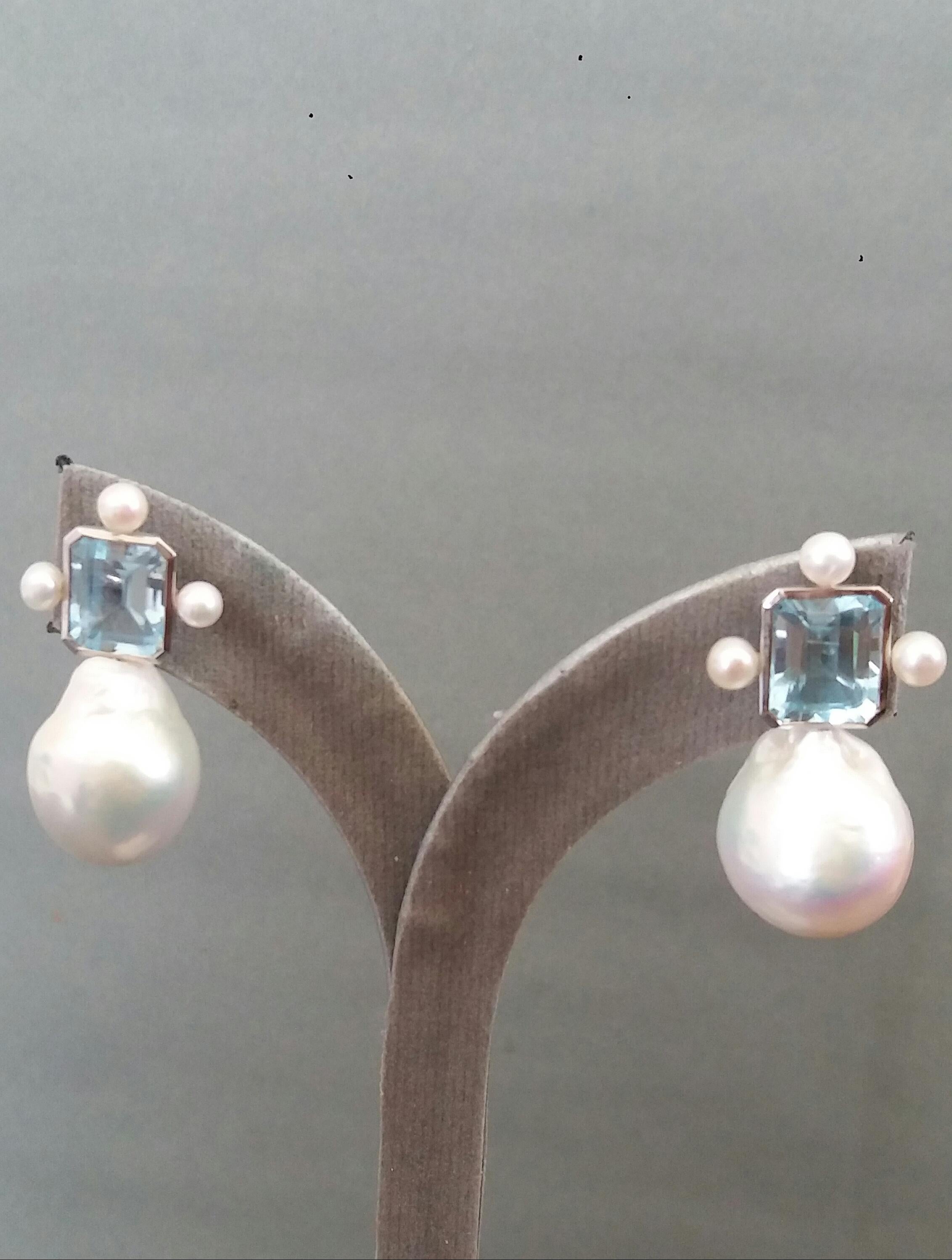 Octagon Shape Sky Blue Topaz White Gold Pear Shape Baroque Pearls Stud Earrings 9