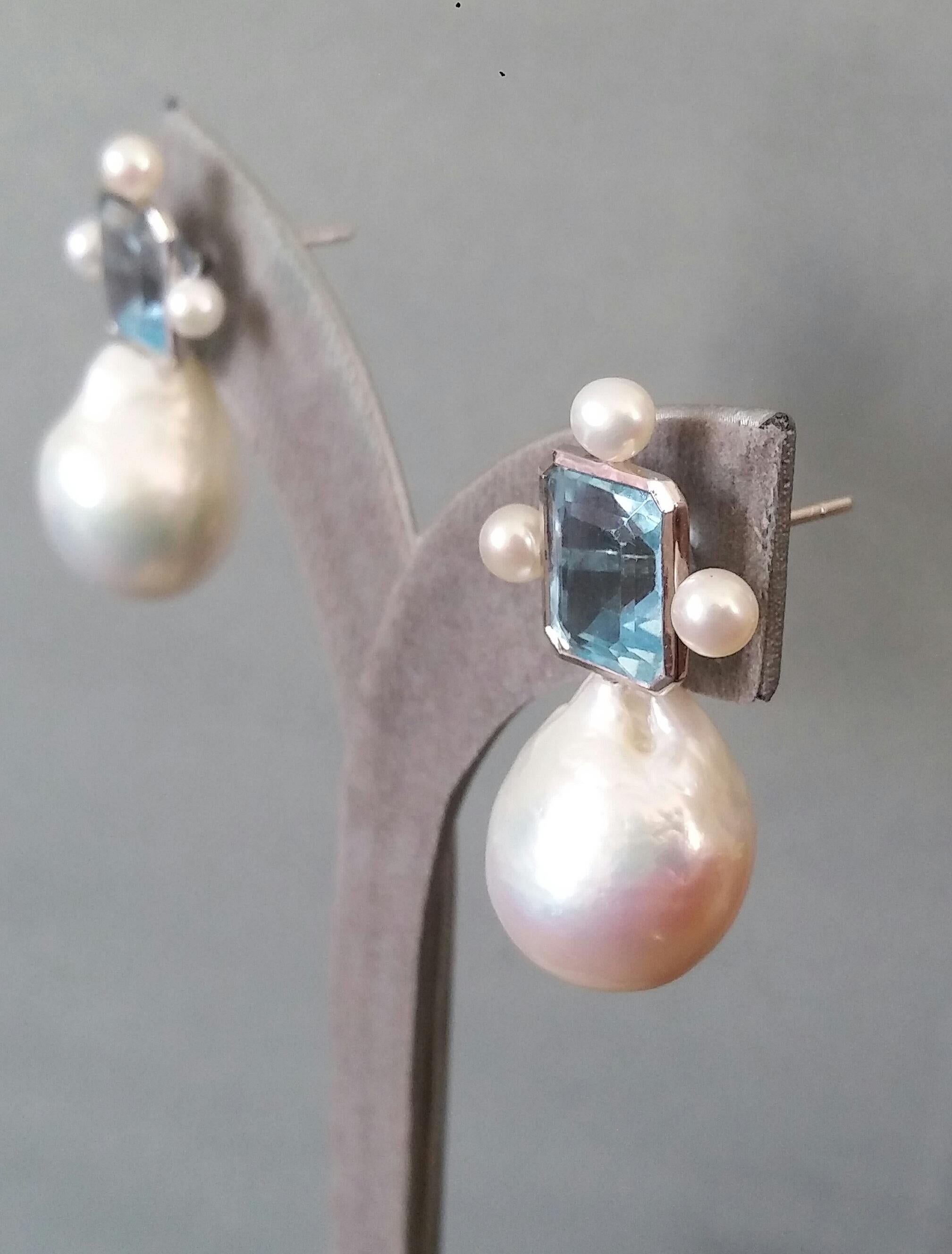 Octagon Shape Sky Blue Topaz White Gold Pear Shape Baroque Pearls Stud Earrings 10