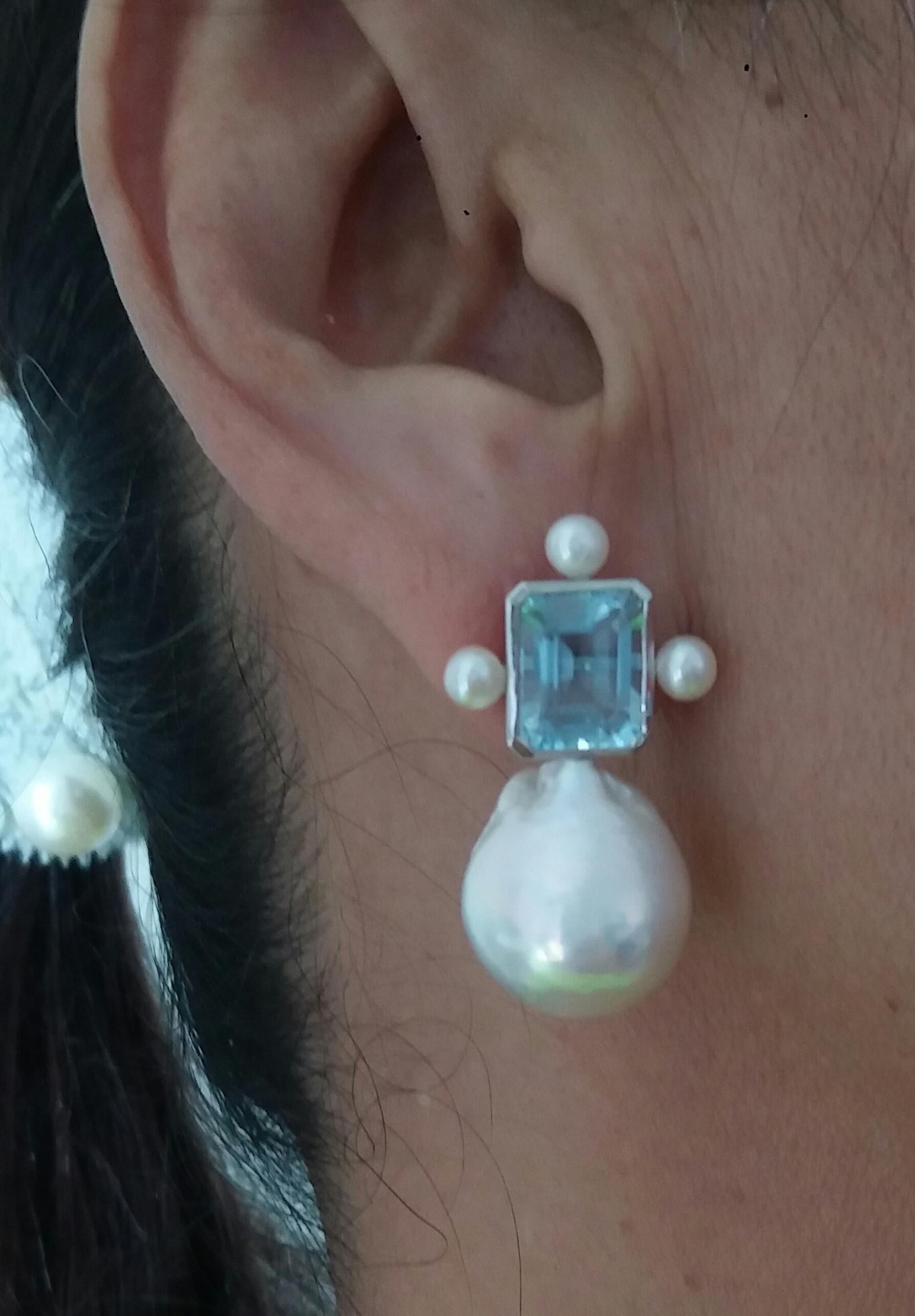 Octagon Shape Sky Blue Topaz White Gold Pear Shape Baroque Pearls Stud Earrings For Sale 12