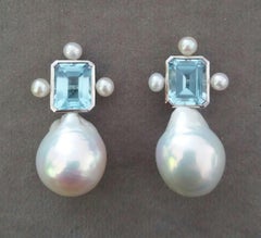 Octagon Shape Sky Blue Topaz White Gold Pear Shape Baroque Pearls Stud Earrings