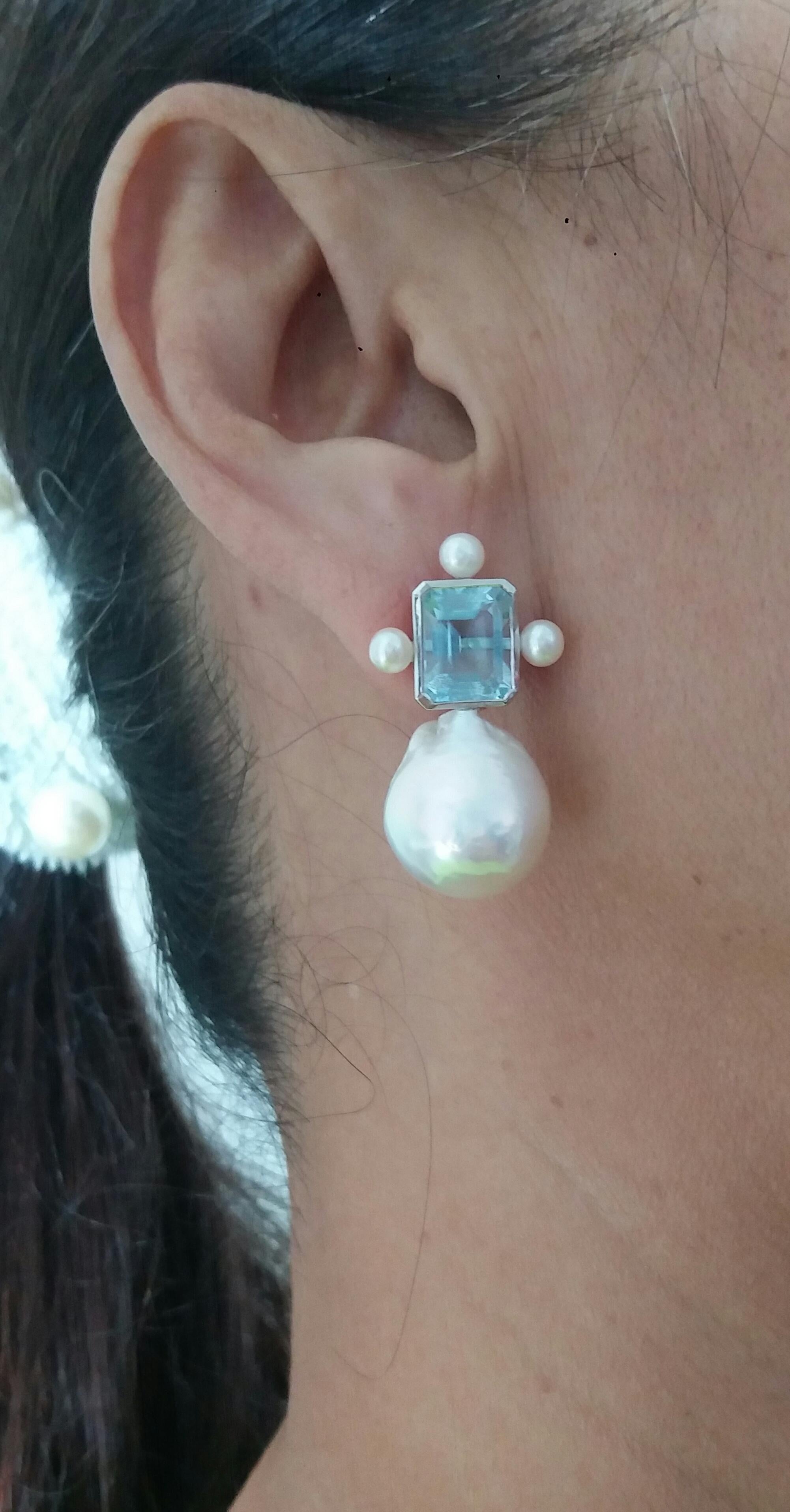 Octagon Shape Sky Blue Topaz White Gold Pear Shape Baroque Pearls Stud Earrings 14