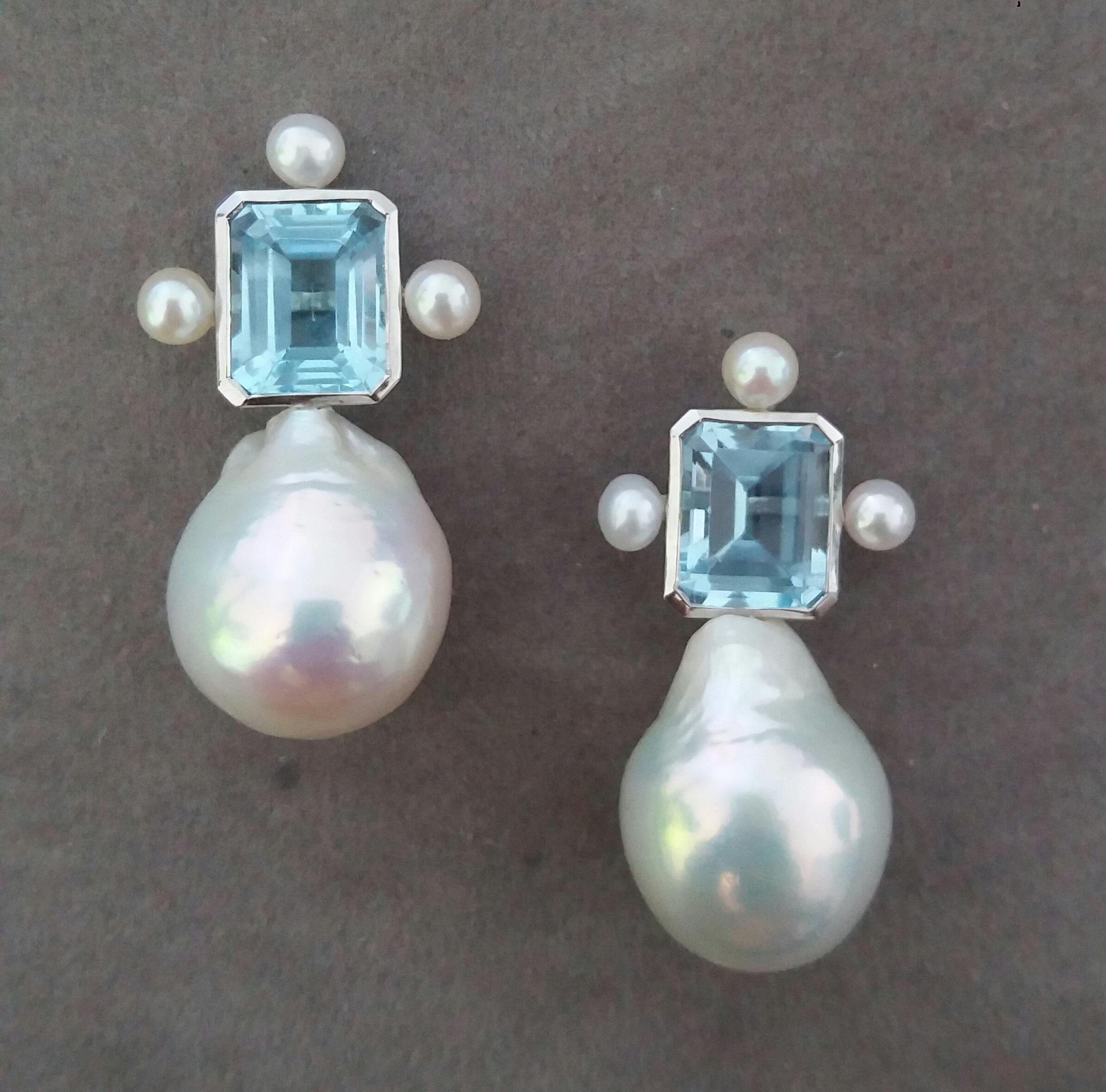 Art Deco Octagon Shape Sky Blue Topaz White Gold Pear Shape Baroque Pearls Stud Earrings For Sale