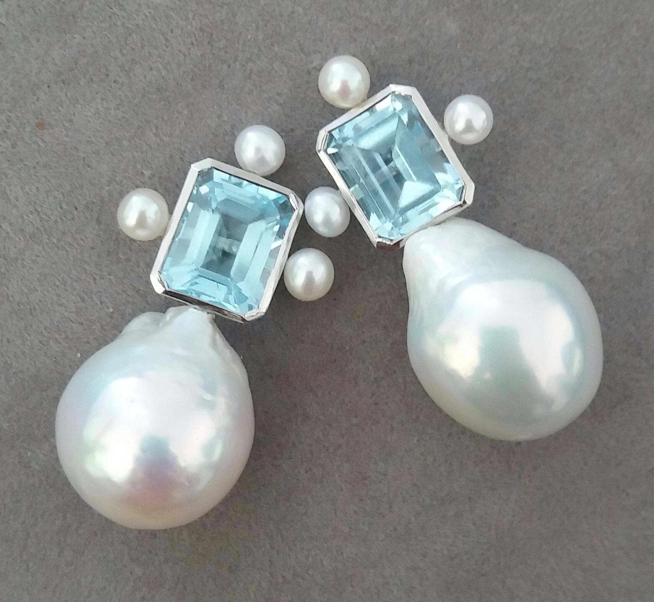 Octagon Cut Octagon Shape Sky Blue Topaz White Gold Pear Shape Baroque Pearls Stud Earrings For Sale