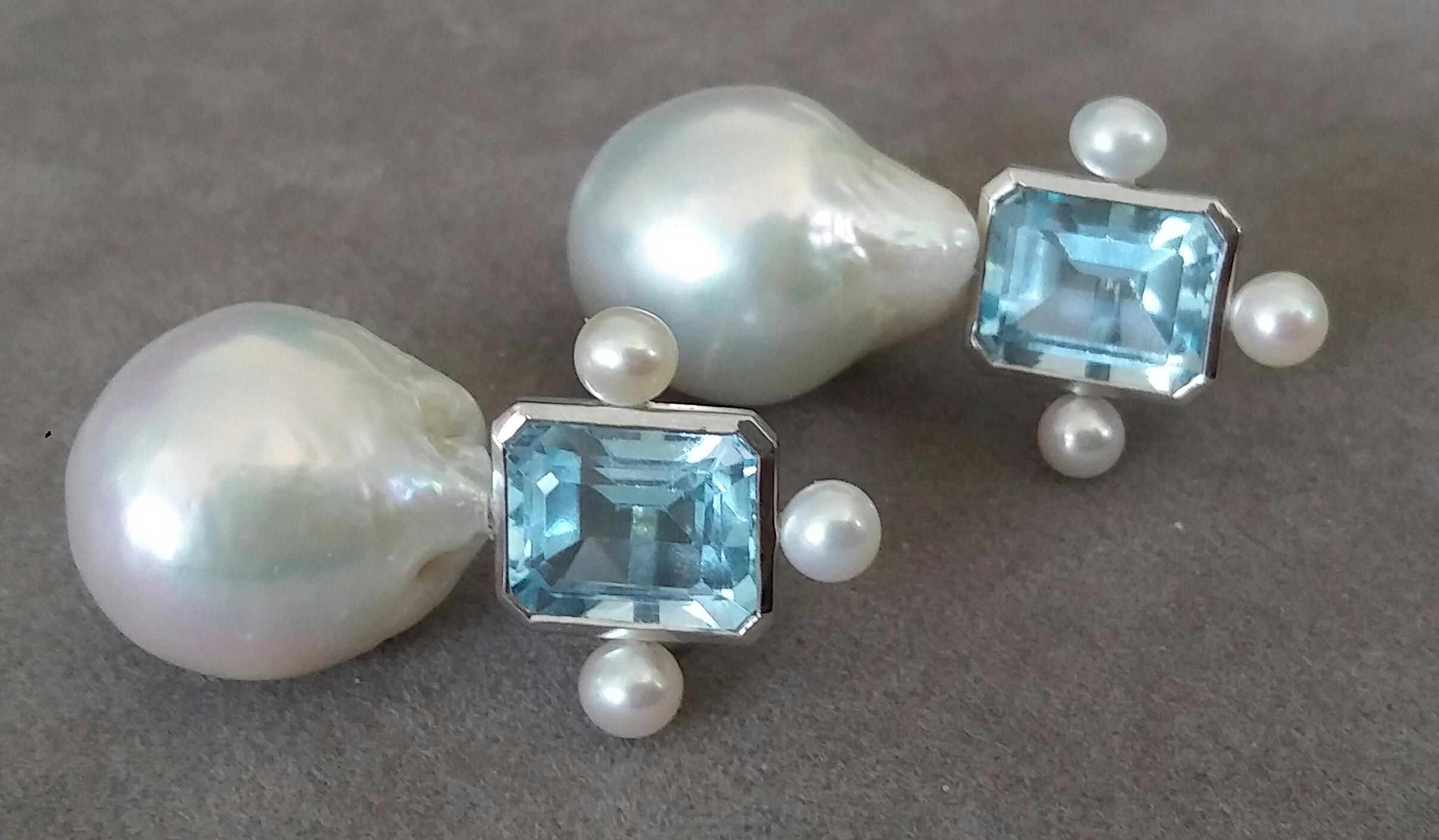 Octagon Shape Sky Blue Topaz White Gold Pear Shape Baroque Pearls Stud Earrings In Good Condition For Sale In Bangkok, TH