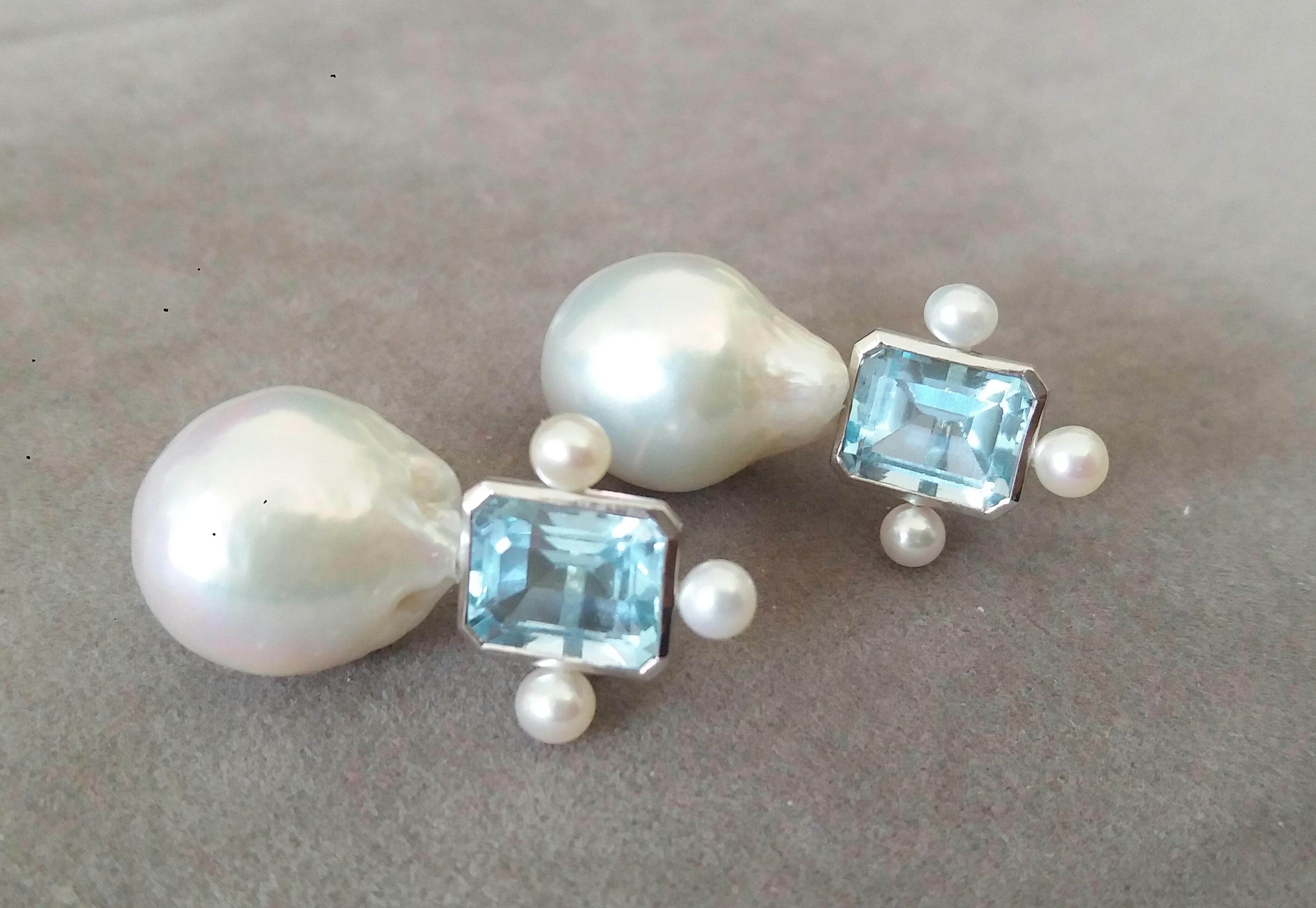 Octagon Shape Sky Blue Topaz White Gold Pear Shape Baroque Pearls Stud Earrings In Good Condition In Bangkok, TH