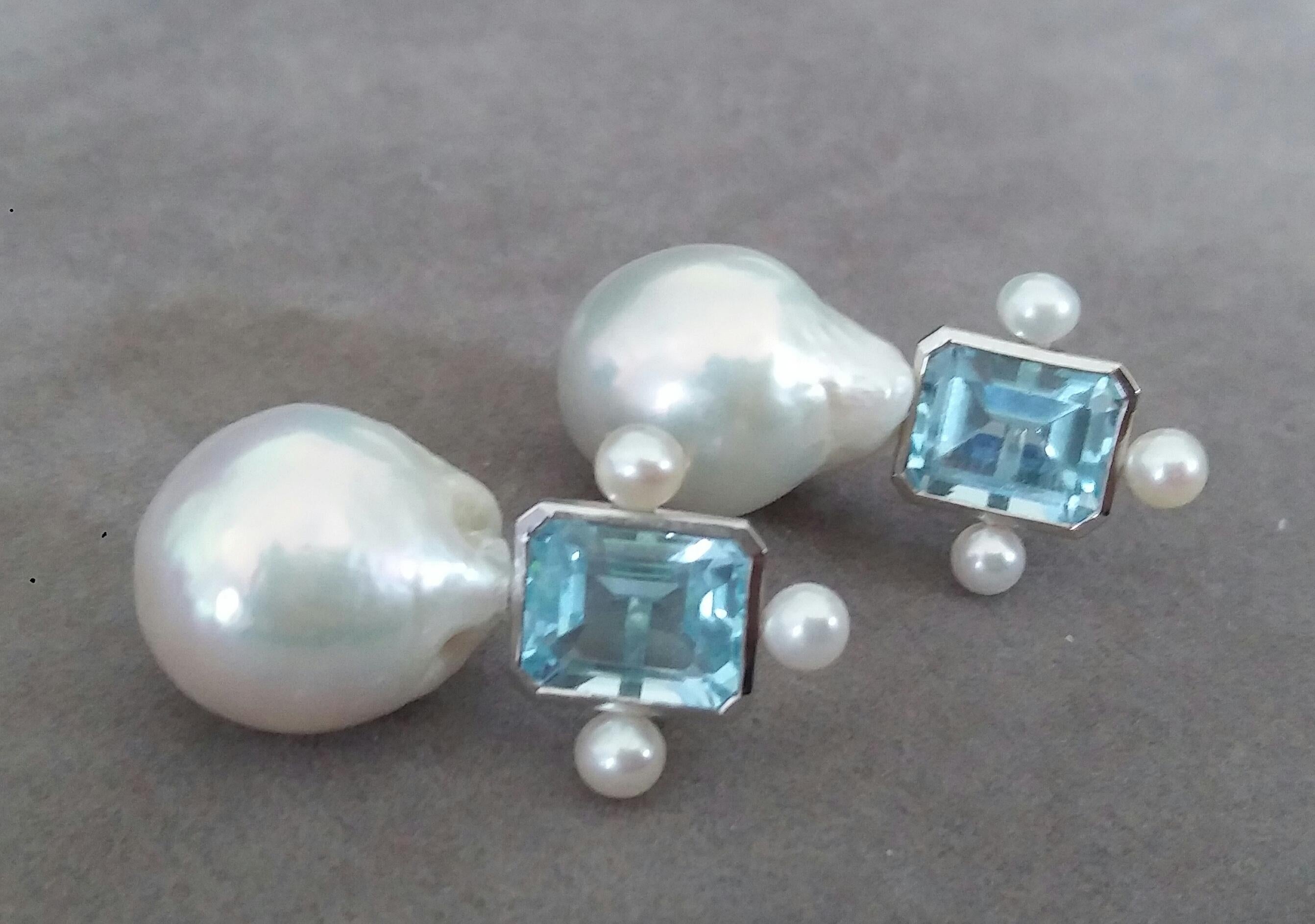 Octagon Shape Sky Blue Topaz White Gold Pear Shape Baroque Pearls Stud Earrings For Sale 1