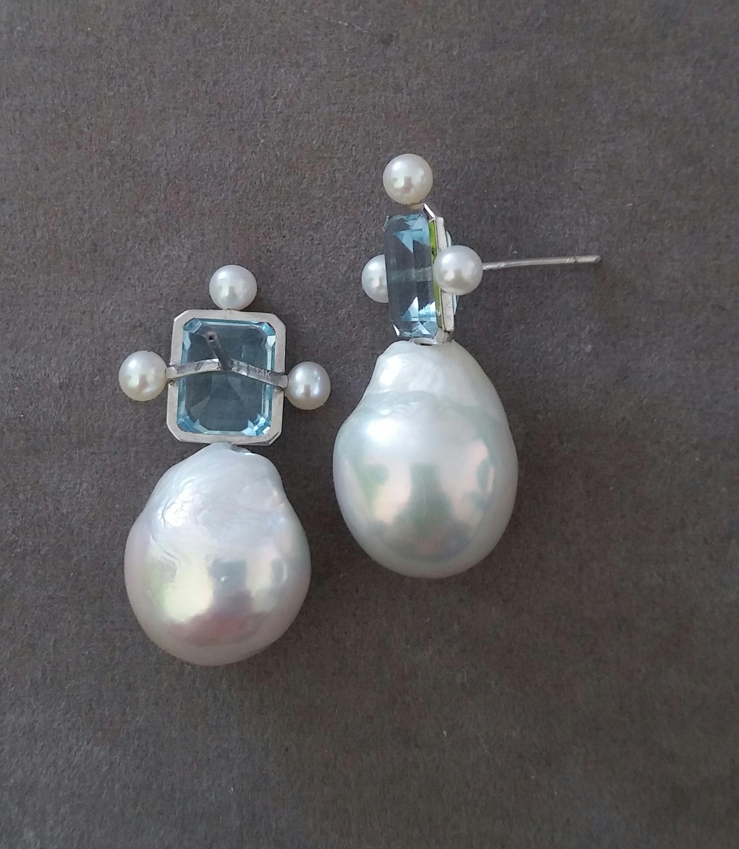 Octagon Shape Sky Blue Topaz White Gold Pear Shape Baroque Pearls Stud Earrings 1