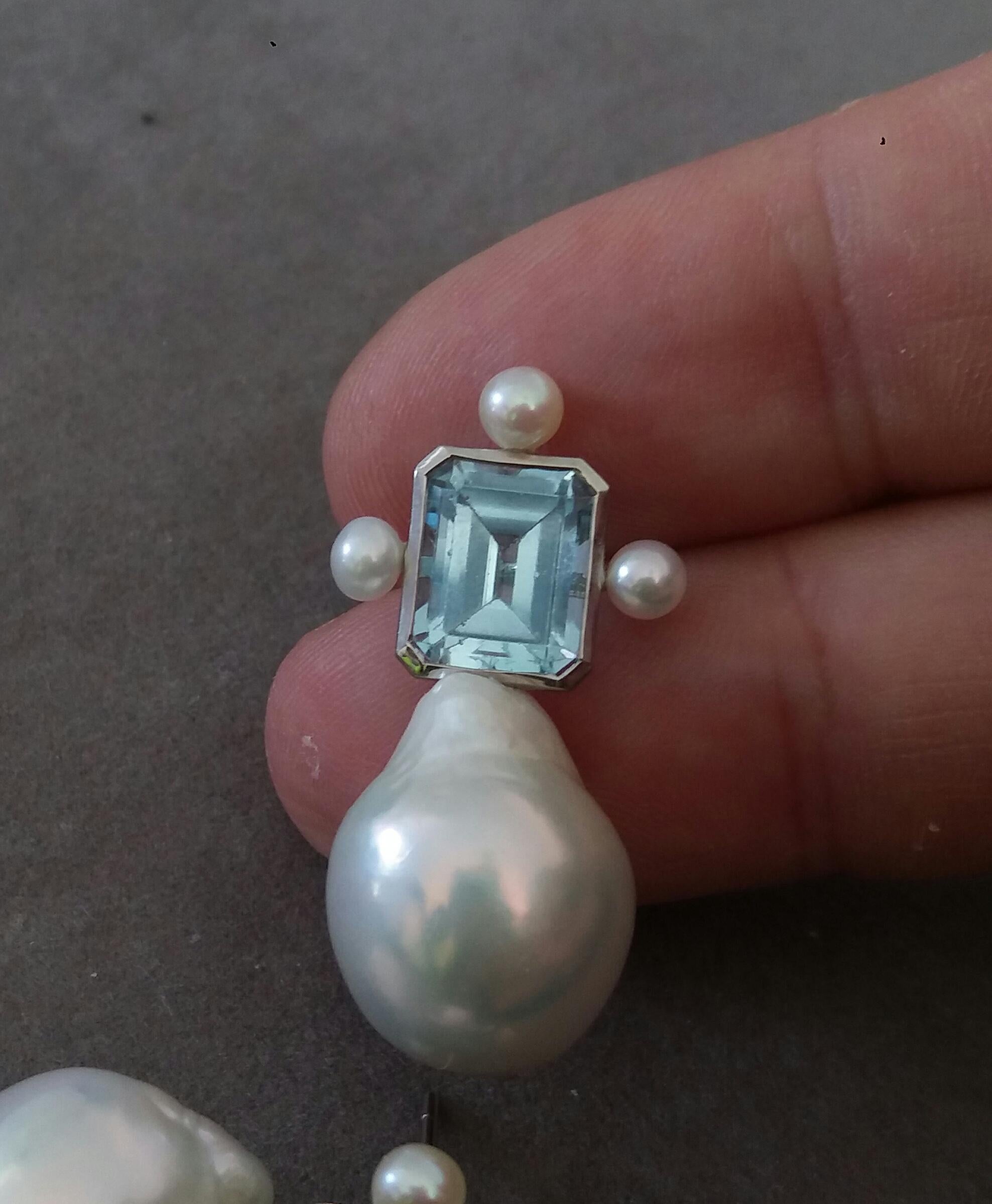 Octagon Shape Sky Blue Topaz White Gold Pear Shape Baroque Pearls Stud Earrings 2