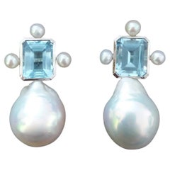 Octagon Shape Sky Blue Topaz White Gold Pear Shape Baroque Pearls Stud Earrings