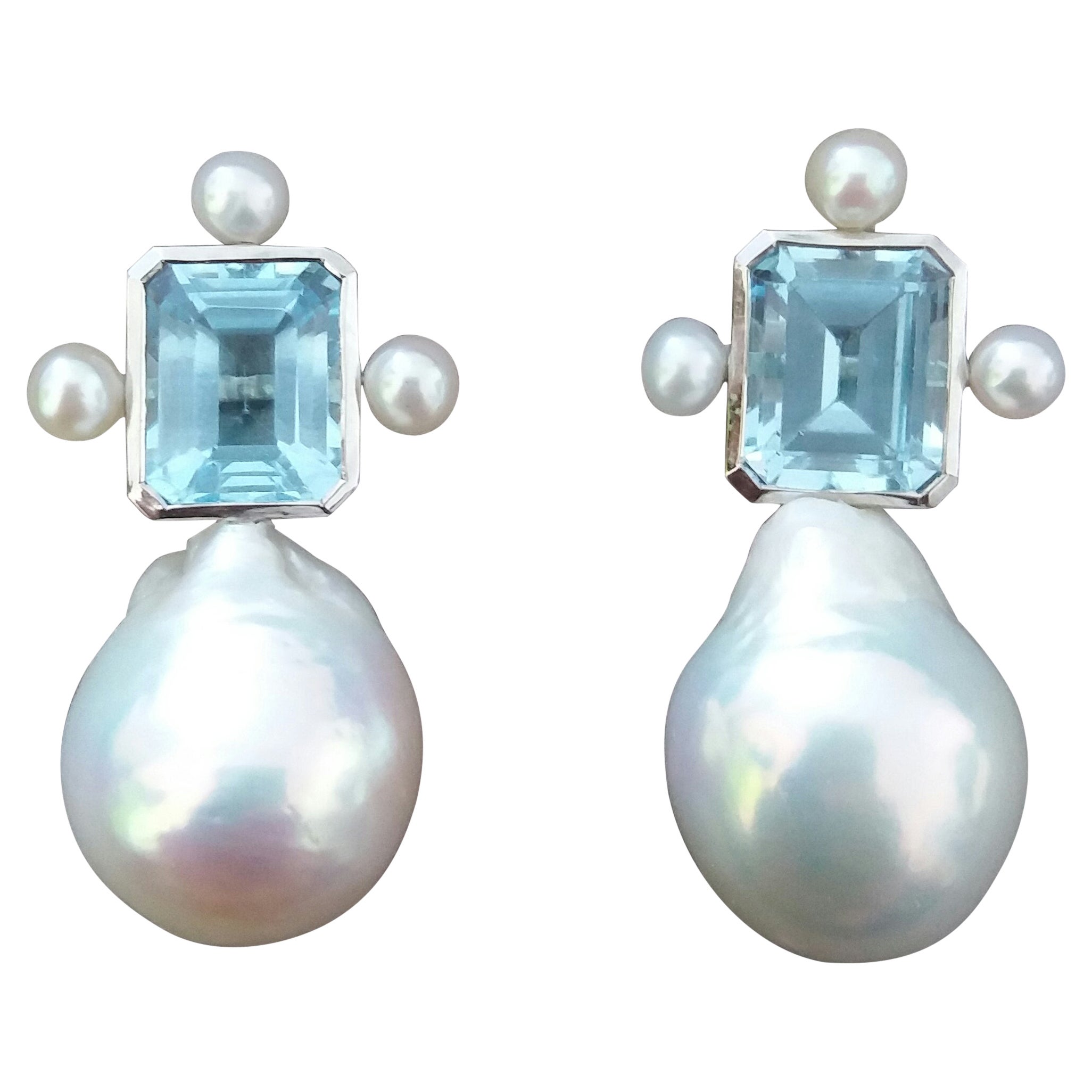 Octagon Shape Sky Blue Topaz White Gold Pear Shape Baroque Pearls Stud Earrings