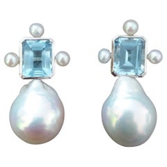 Octagon Shape Sky Blue Topaz White Gold Pear Shape Baroque Pearls Stud Earrings