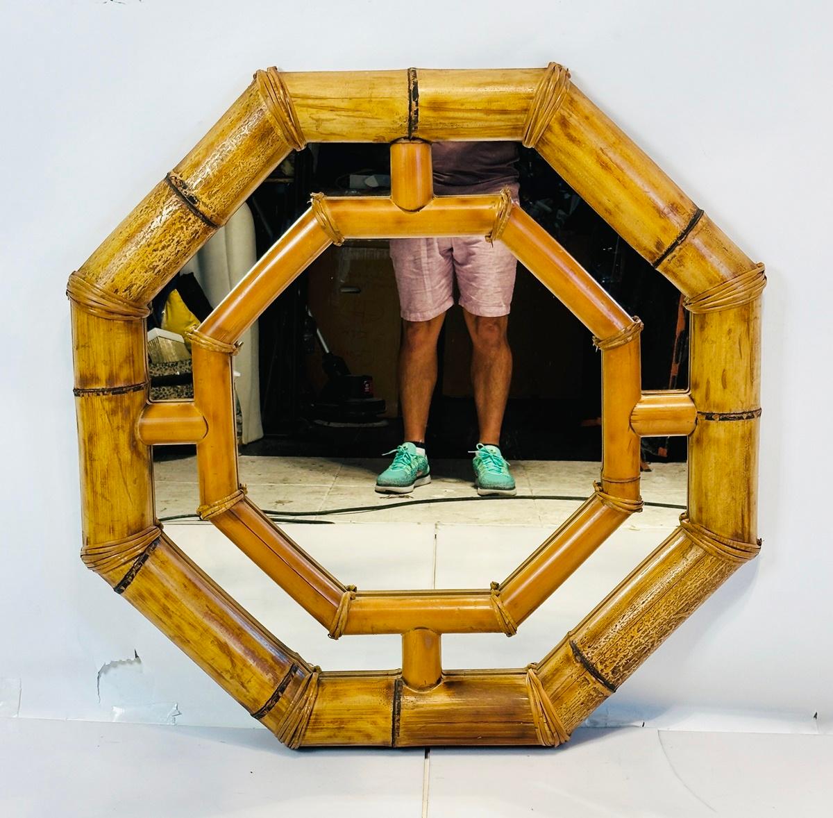 Modern Octagon Shaped Bamboo Mirror in the style of Karl Springer. For Sale