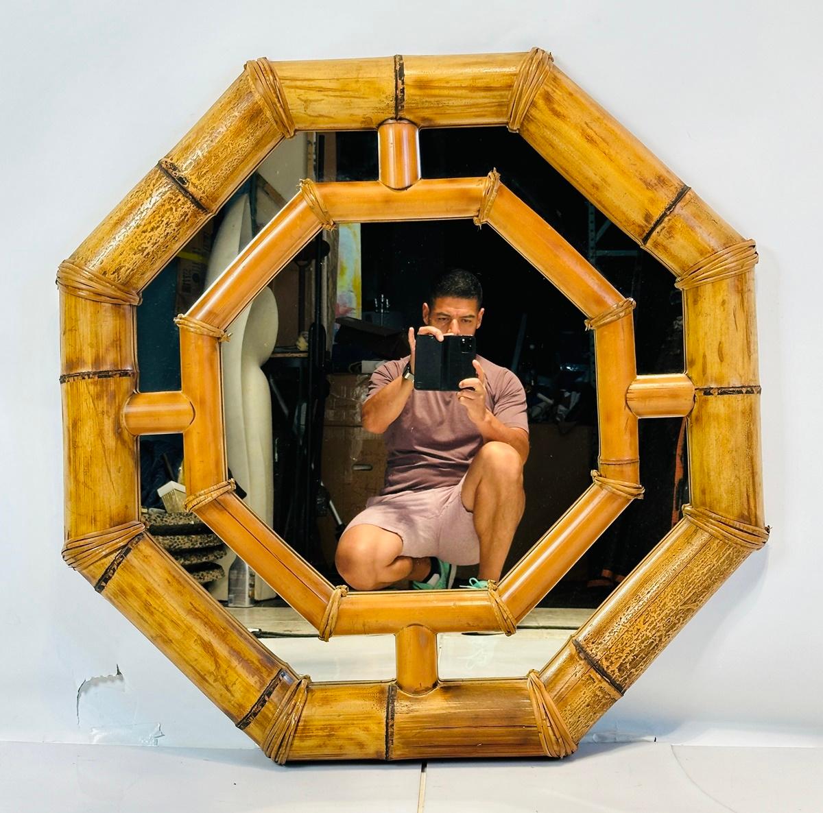 American Octagon Shaped Bamboo Mirror in the style of Karl Springer. For Sale
