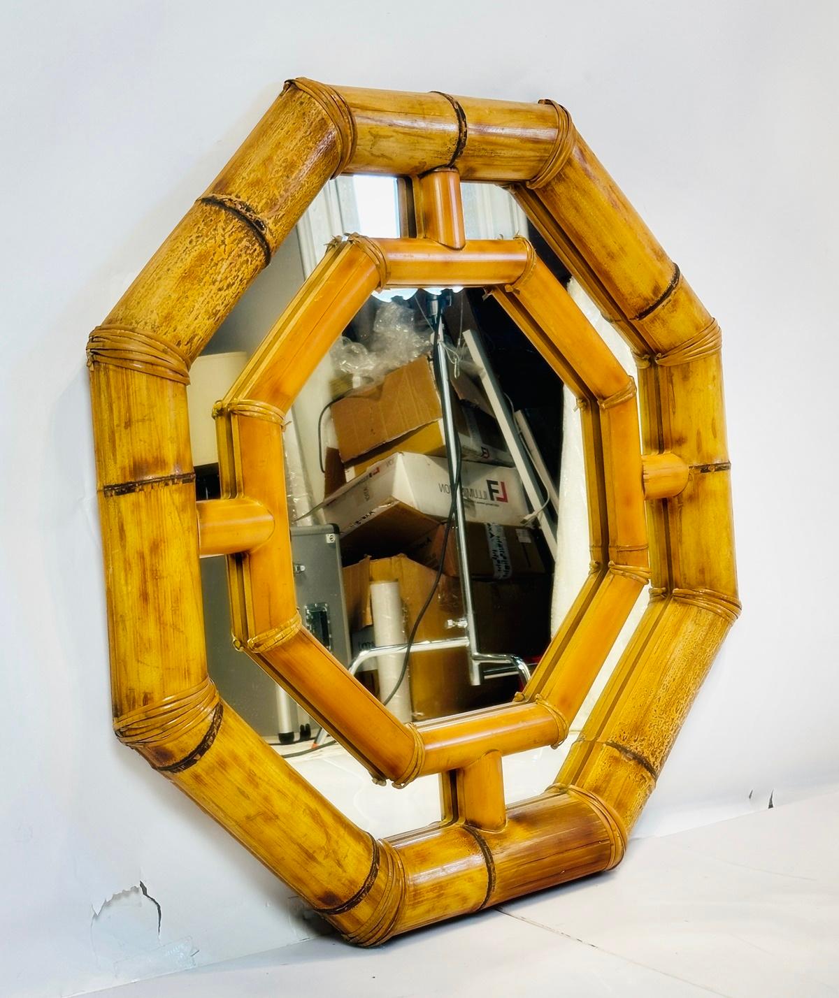 Octagon Shaped Bamboo Mirror in the style of Karl Springer. In Good Condition For Sale In Los Angeles, CA