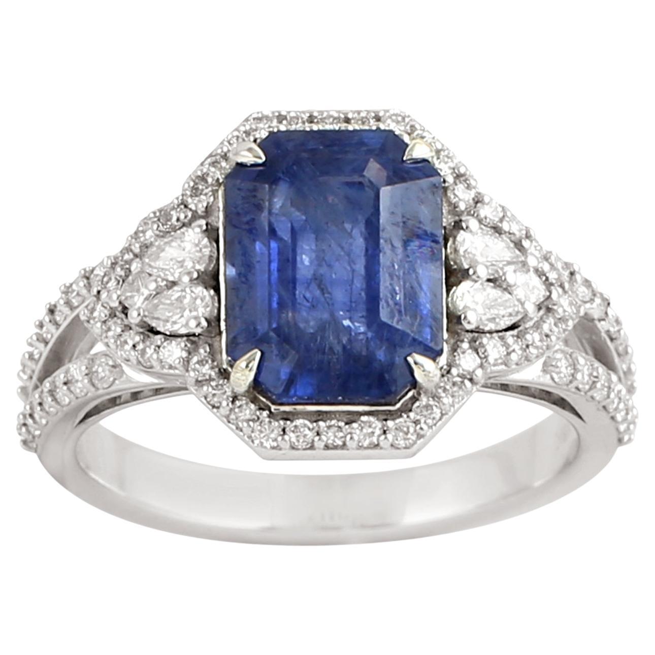 Octagon Shaped Ceylon Blue Sapphire Ring Accented With Diamonds Made In 18k Gold