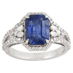 Octagon Shaped Ceylon Blue Sapphire Ring Accented With Diamonds Made In 18k Gold