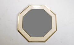 Octagon Shaped J.C. Mahey Mirror in White Lacquer and Brass, 1970s