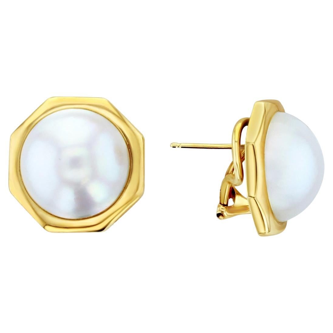 Octagon Shaped Mabe Pearl Earrings 14k Yellow Gold