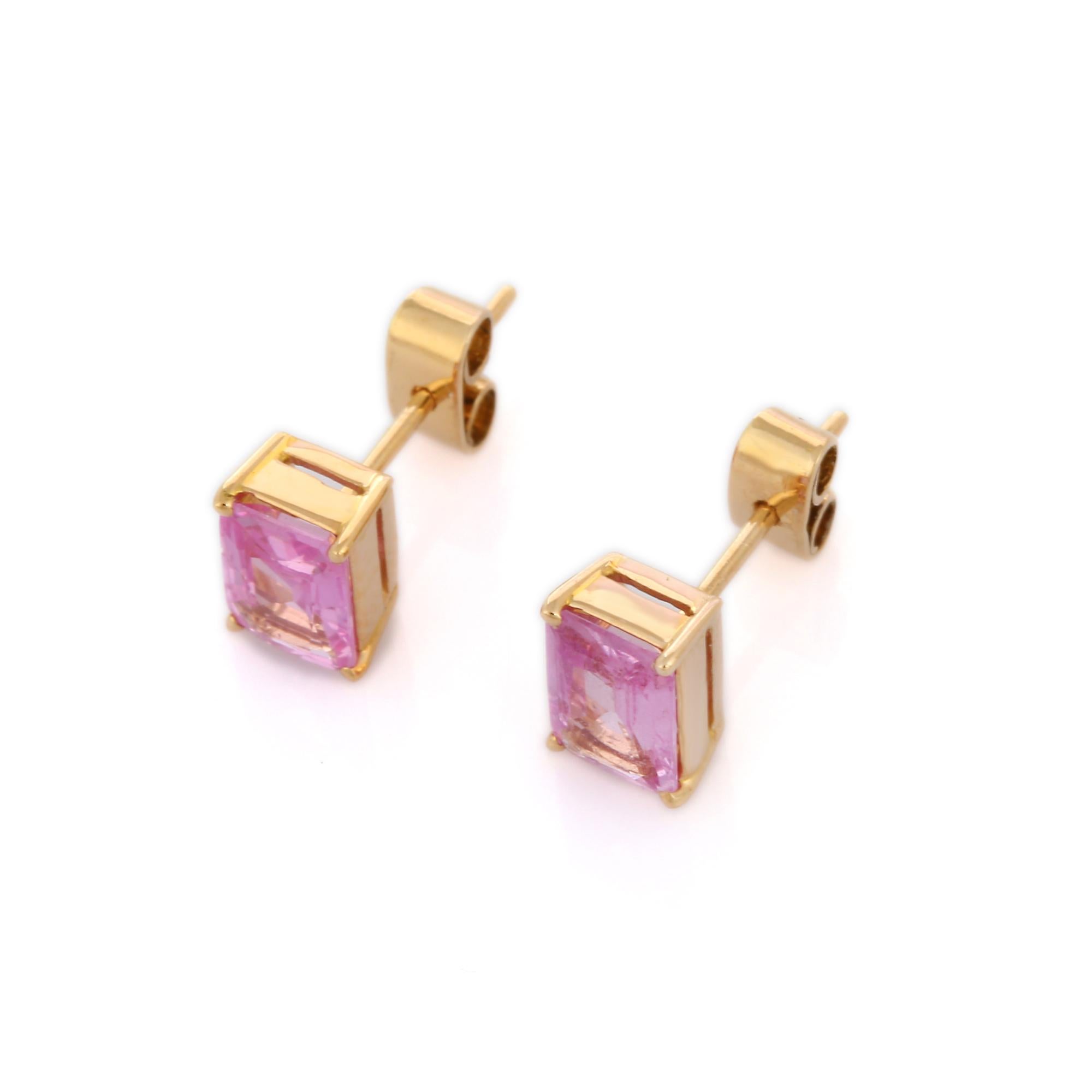 Studs create a subtle beauty while showcasing the colors of the natural precious gemstones making a statement.

Octagon cut pink sapphire studs in 18K gold. Embrace your look with these stunning pair of earrings suitable for any occasion to complete