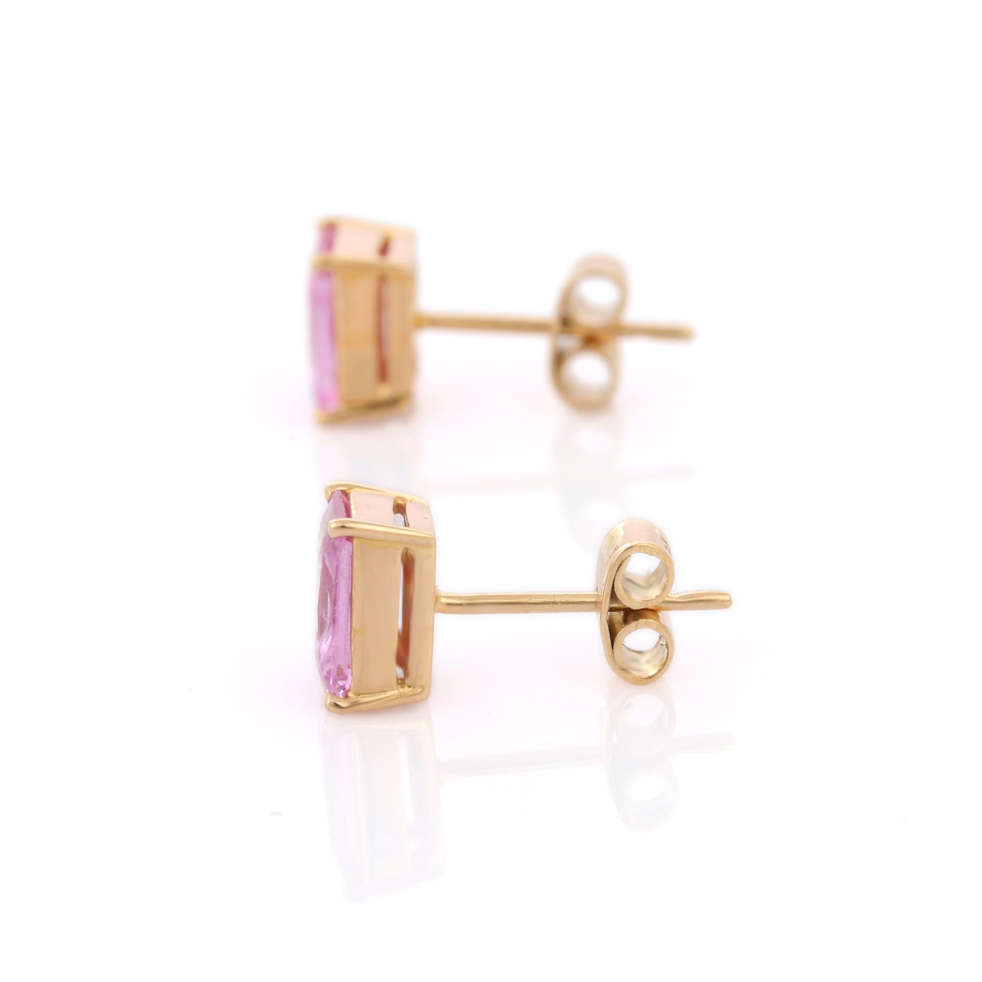 Art Deco Octagon Shaped Natural Pink Sapphire Earring Studs in 18K Yellow Gold For Sale