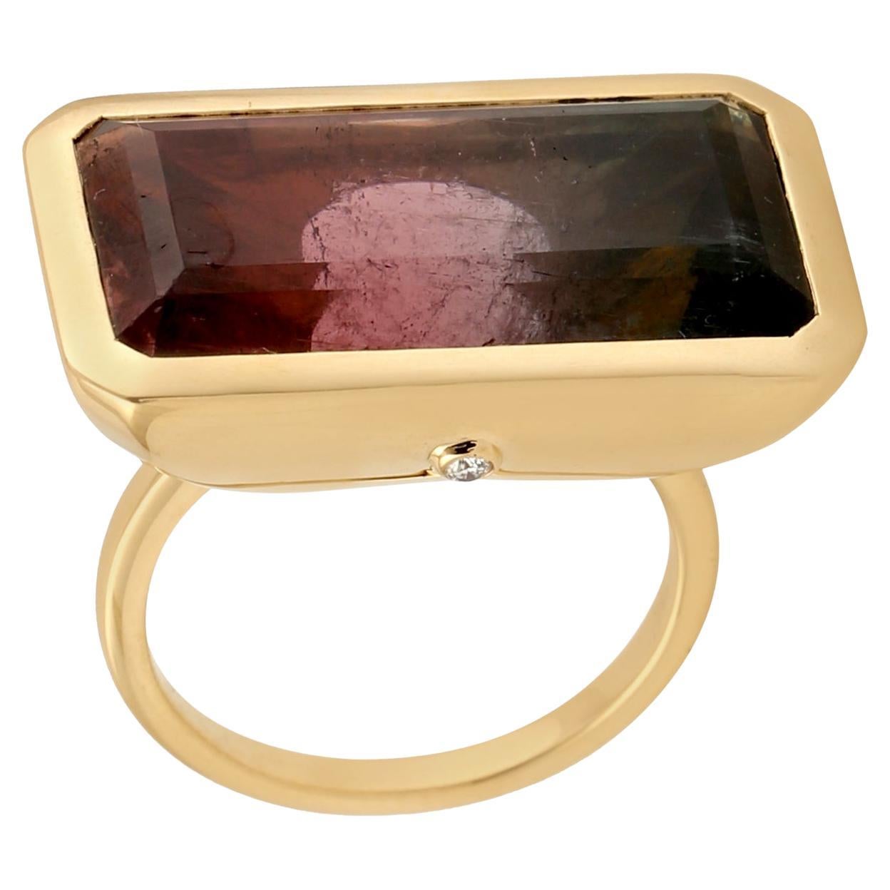 Octagon Shaped Tourmaline Cocktail Ring With Diamonds Made In 18k Yellow Gold