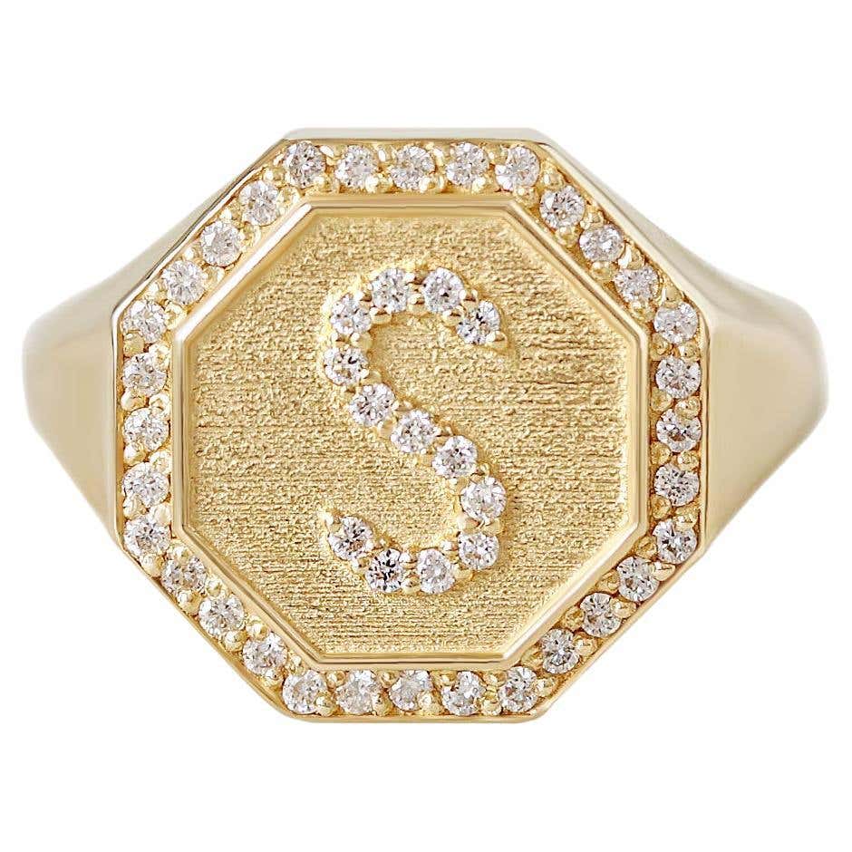 Octagonal Gold Rings Customizable Octagon Signet Diamond Initial Ring - Personalized Gold ...