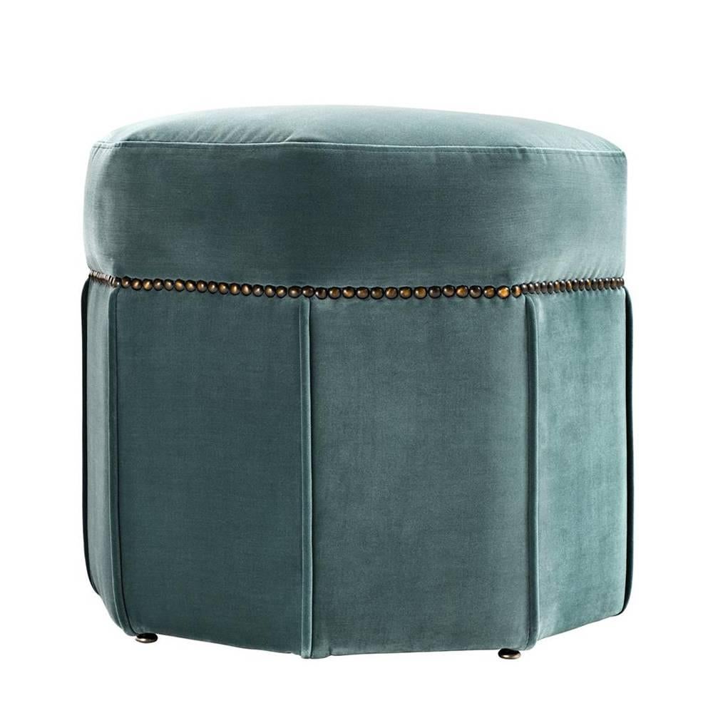 Chinese Octagon Stool Upholstered with Deep Turquoise Velvet