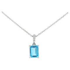 Octagon Swiss Blue Topaz and Diamond Pendant in 14K White Gold, 18 Inch