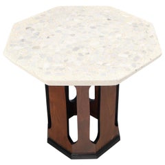 Octagon Terrazzo Top Walnut Base Side Occasional End Table Stand